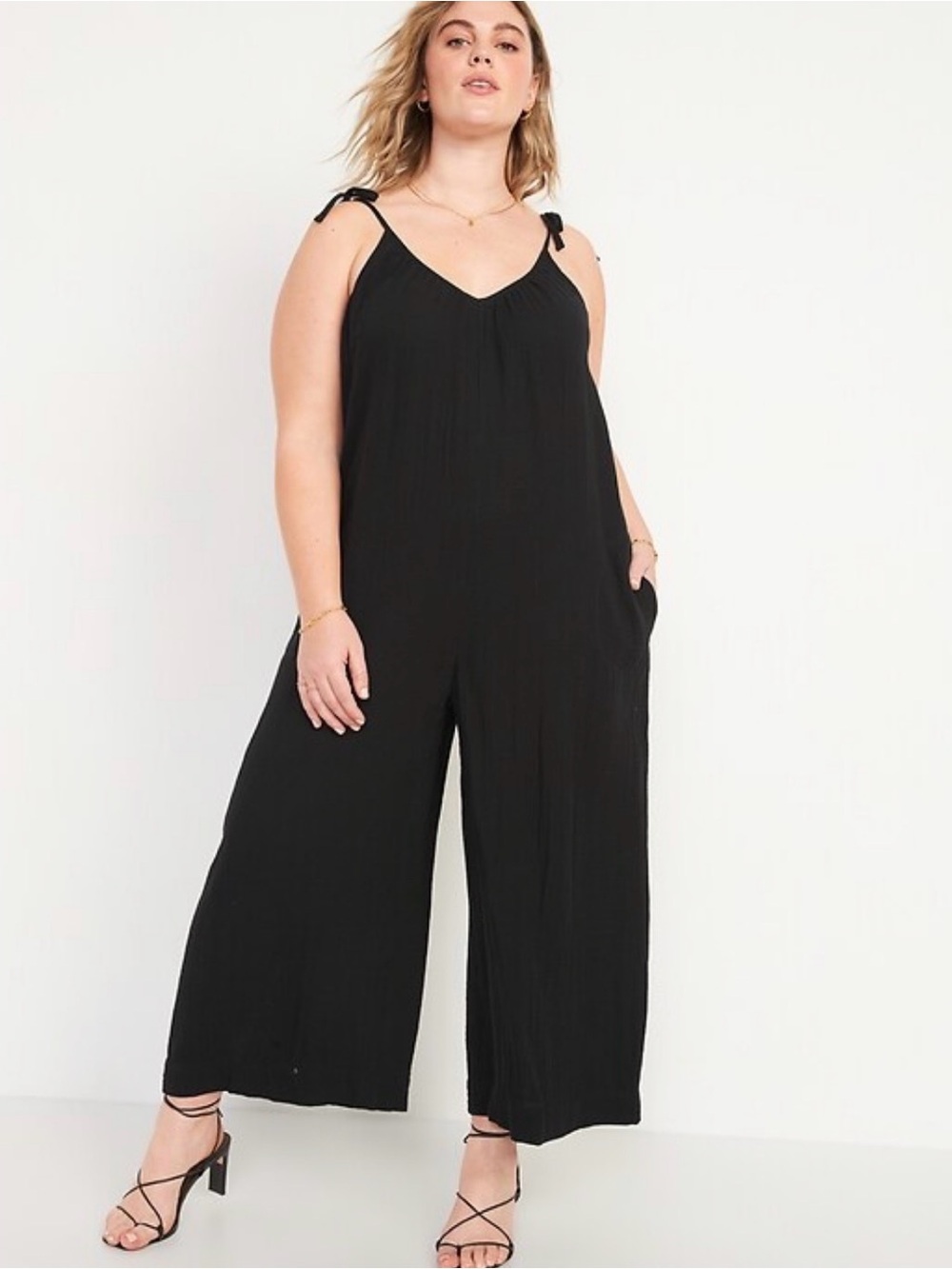 Old Navy Tie-Shoulder Cropped Crinkled Jumpsuit XL Black Gauzy Cotton Beachy